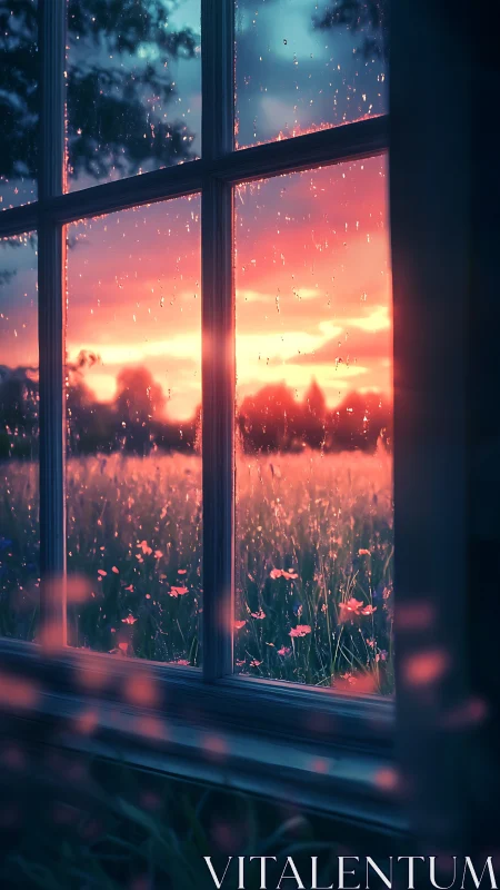 Rain kissed window frames a glowing sunset meadow