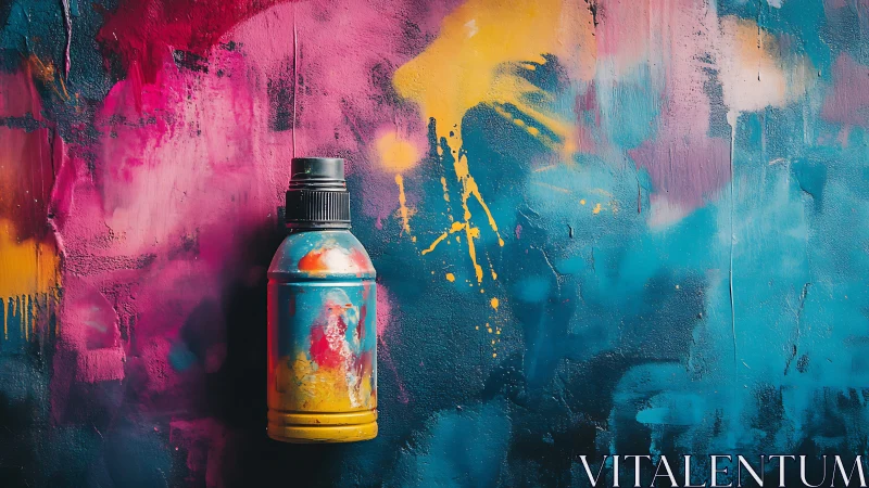 Vivid paint bottle against abstract splatter wall backdrop.