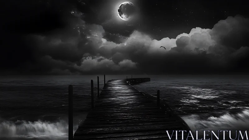 Moonlit pier unraveling into storm-soaked midnight horizons.