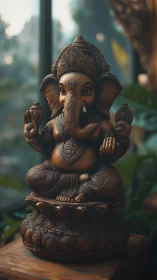 Bronze Ganesha quietly gathers dawn light in leafy silence