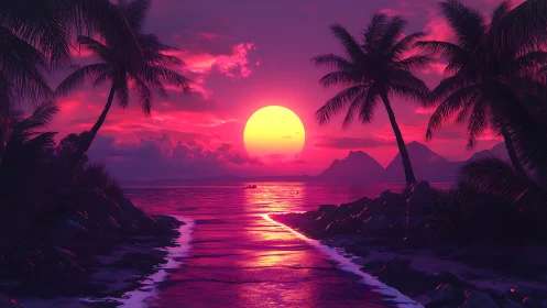 Sunset over tropical bay with silhouetted palm trees