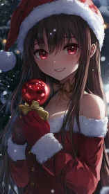 Anime girl in red Santa outfit holding red ornament outdoors.