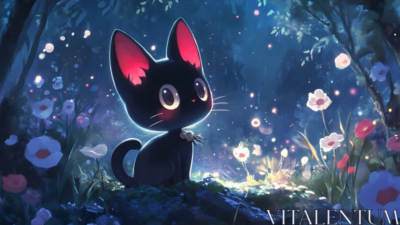 Black cartoon cat in glowing night forest with flowers.