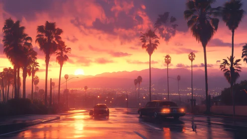Sunset roadway with palm trees, wet asphalt, and distant city