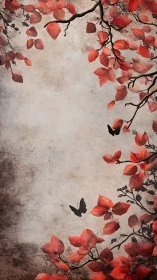 Red foliage and butterflies frame a textured neutral background