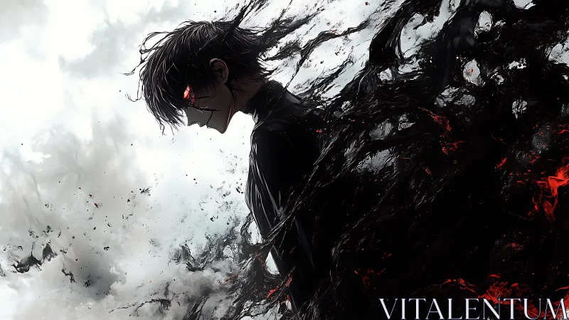 Dark anime figure dissolves into chaotic black energy