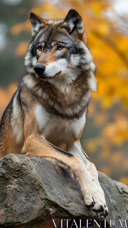Wolf resting on rock ledge against soft autumn foliage.