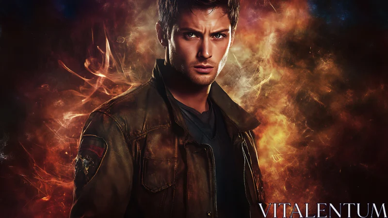 Brooding space adventurer framed by swirling cosmic fire.