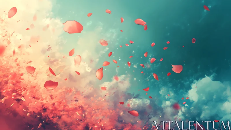 Drifting rose petals swirling through a dreamy painted sky.