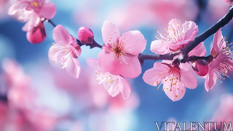 Pink Peach Blossoms on Branch Against Blue Sky.