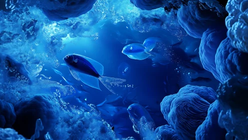 Blue tropical fish gliding through glowing coral cave.