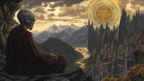 Meditating skeleton monk above arcane sunlit citadel.