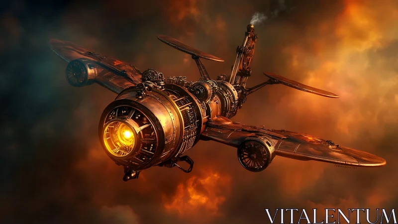 Steampunk-inspired mechanical aircraft traverses dense orange clouds