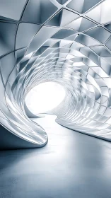 White metallic spiral tunnel with geometric segmented ceiling design and bright center opening