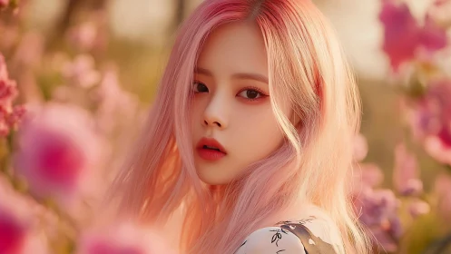 Blush haired muse pausing softly amid golden spring blooms.