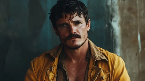 Storm-eyed wanderer rests beneath rust and teal shadows