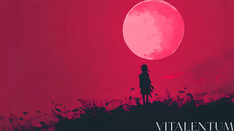 Soft crimson moon welcomes a lone dreamer into quiet wonder
