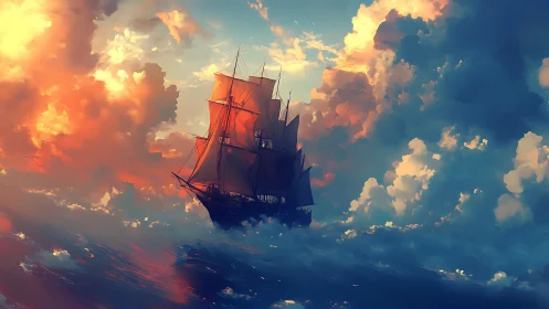 Tall ship cuts glowing sunset clouds above rolling sea.