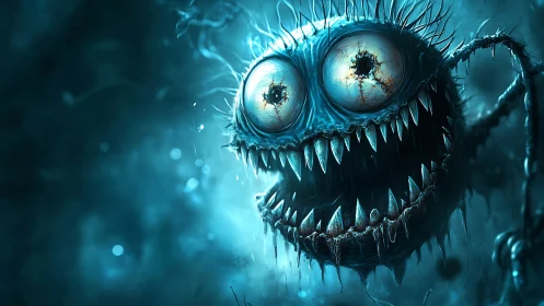 Playfully eerie blue monster with wide curious eyes.