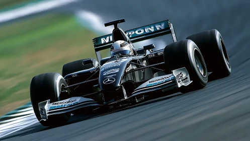 Silver bullet race car carves a shimmering arc of speed