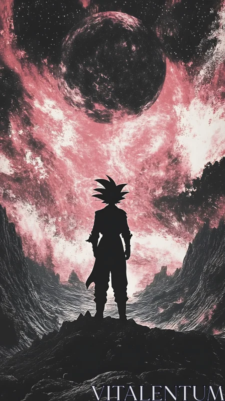 Silhouetted cosmic fighter under turbulent red nebular sphere.