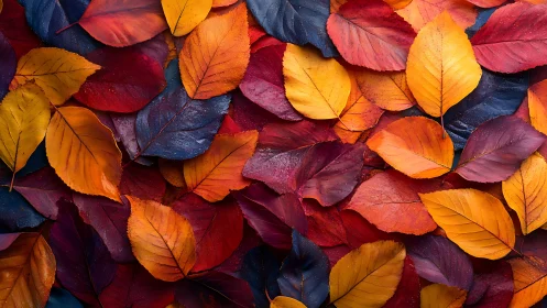 Colorful overlapping autumn leaves in close-up pattern.