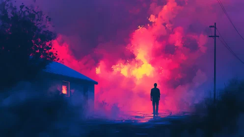 Silhouetted wanderer walks toward neon storm clouds at dusk.