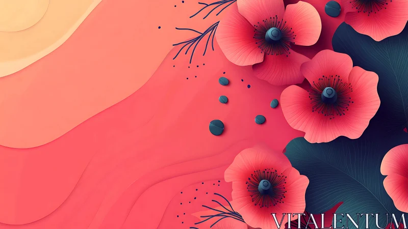 Digital Botanical Composition with Pink Flowers and Geometric Forms.