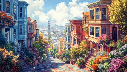 Hilly city blooms pour sunlight toward a distant bridge