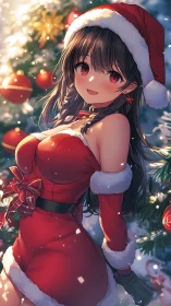 Anime woman in Santa outfit near decorated Christmas tree.
