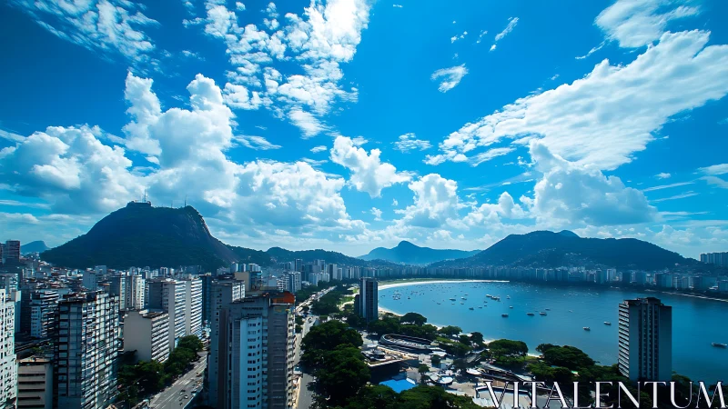 Panoramic coastal cityscape captures bay, towers and cloud masses