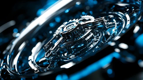 Intricate mechanical watch close-up with futuristic blue lighting.