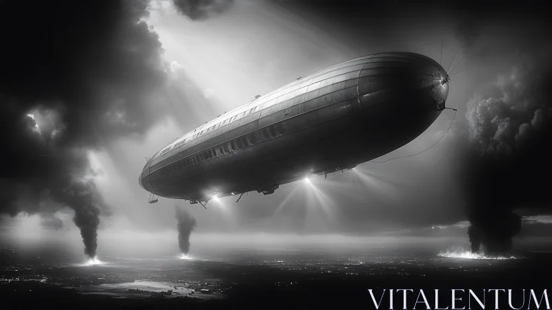 Massive airship over smoky landscape in hard light.