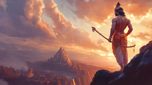 Warrior archer surveys temple city under volumetric sunset sky
