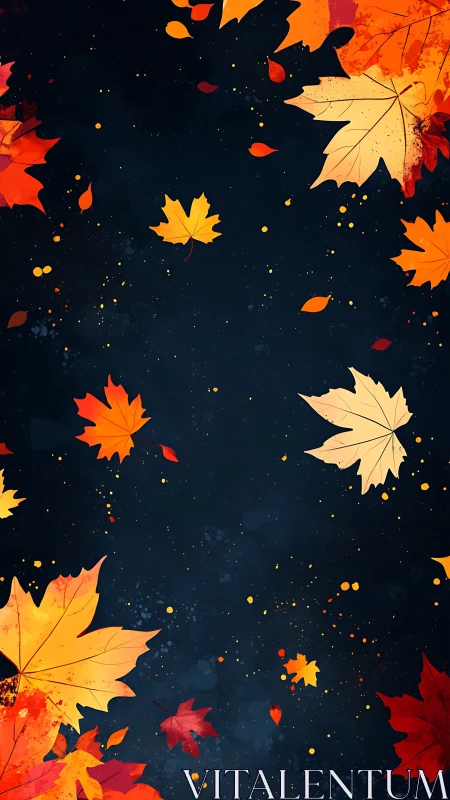 Autumn maple leaves drift over deep navy negative space background