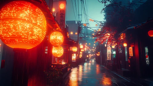 Neon lit alleyway in rain with glowing red paper lanterns.
