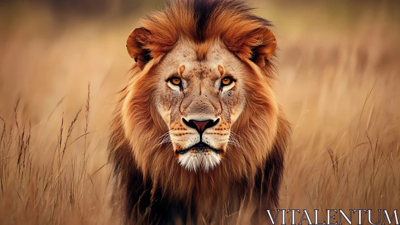 Majestic lion emerging through sunlit golden savanna grasslands.