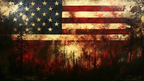 Distressed American flag with barren landscape