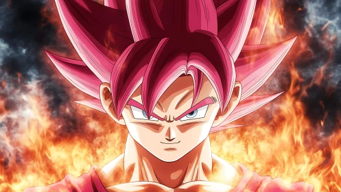 Scarlet-haired warrior glaring through a corona of flame.