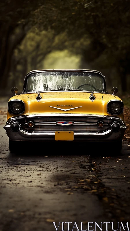 Yellow vintage Chevy gleams on a rain-damp forest road