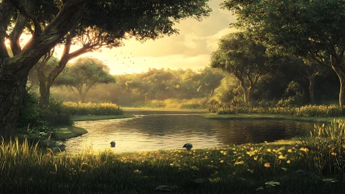 Golden forest pond glowing softly in the late afternoon light.