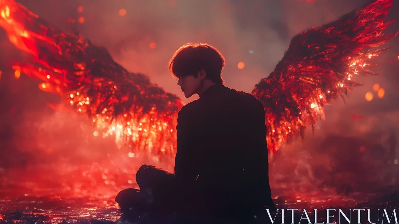 Backlit figure with incandescent red wings in smoky low-key scene