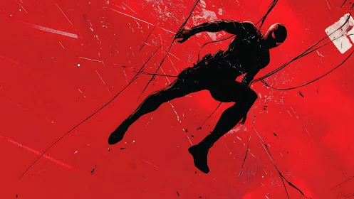 Silhouetted figure suspended against fragmented red field.