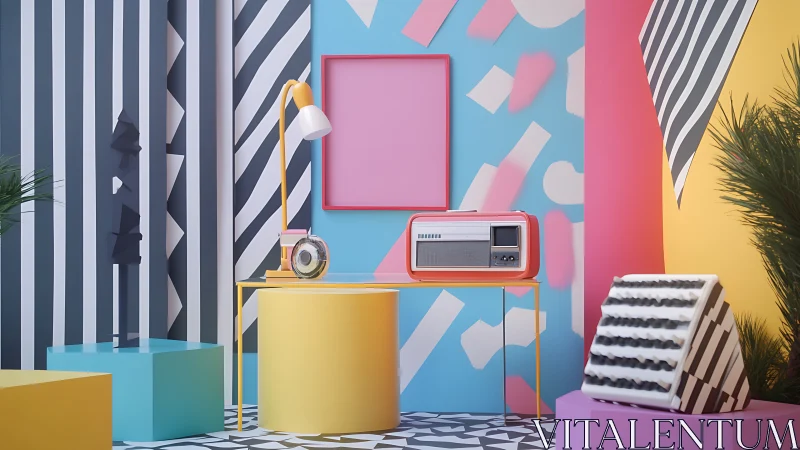 Colorful geometric interior shows retro radio on yellow table