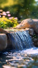 Garden waterfall spills over rocks into shallow pool