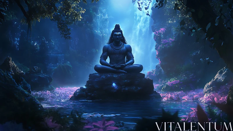 Shiva statue meditates in bioluminescent jungle grotto.