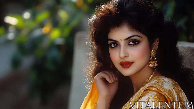 Portrait captures poised woman in golden saree under soft light