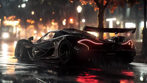 Black hypercar reflects neon rainlight on wet night street