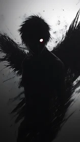 Silhouetted winged figure with glowing eye in grayscale void