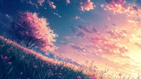 Sunset blossoms beneath a dreamy pink cherry tree field.